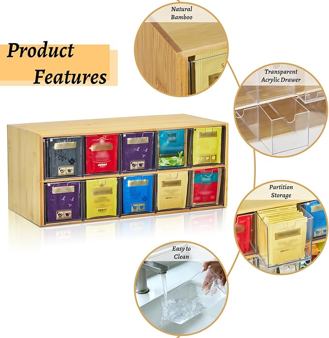TIMIEEYA Tea Bag Organizer - Bamboo Tea Storage Organizer With Drawer 2 Layer, Tea Organizer for Tea Bags Natural Wood & Acrylic for Countertop Office Kitchen Cabinet Pantry