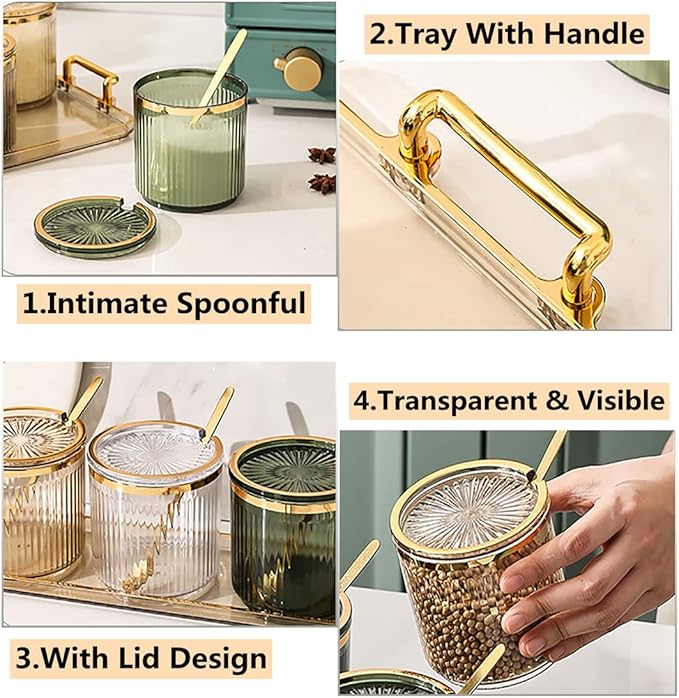 Acrylic Condiment Spice Jars,Condiment Spice Box With Lids and Spoons and Tray,Clear Plastic Condiment Canisters,Seasoning Box 3 Pack,Seasoning Box Set for Kitchen to Storage Salt,Paprika,Sugar