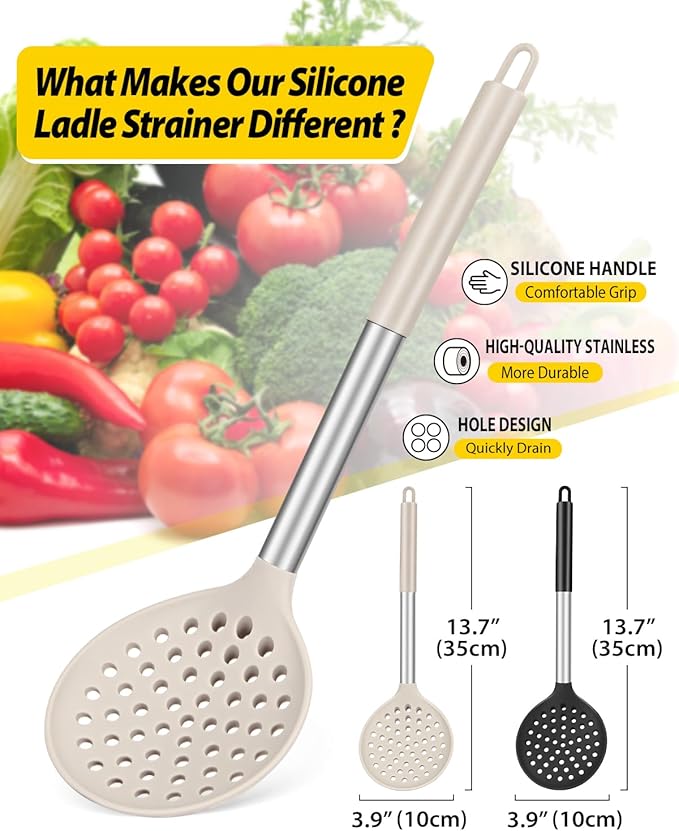 Kitchen Ladle Strainer Set of 2 Large Slotted Spoon with High Heat Resistant BPA Free Non Stick Cooking Skimmers For Draining and Frying (Black-Khaki)