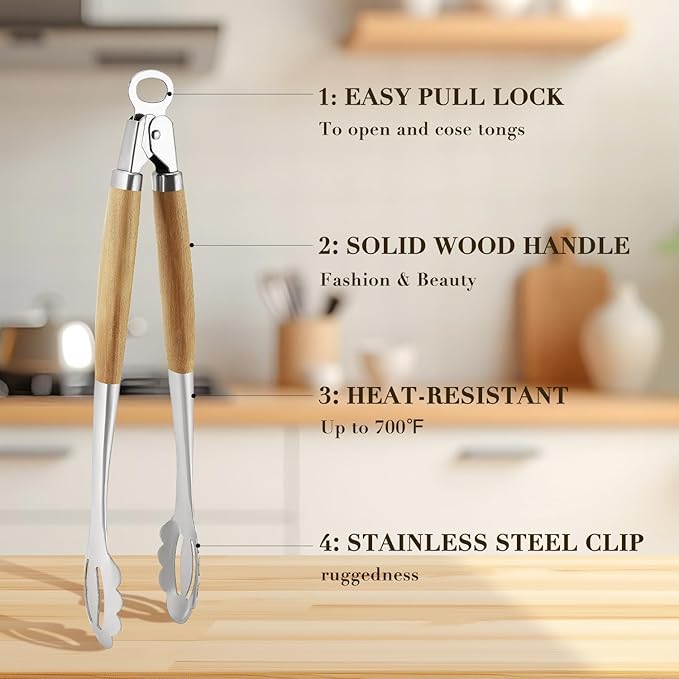 KULUNER Stainless Steel Barbecue Tongs with Solid Wood Handle, Kitchen Metal Locking Design, Extra Long 17.5 Inches 700 Degrees, Suitable for Food Cooking, Salad and Outdoor Grilling(Acacia)