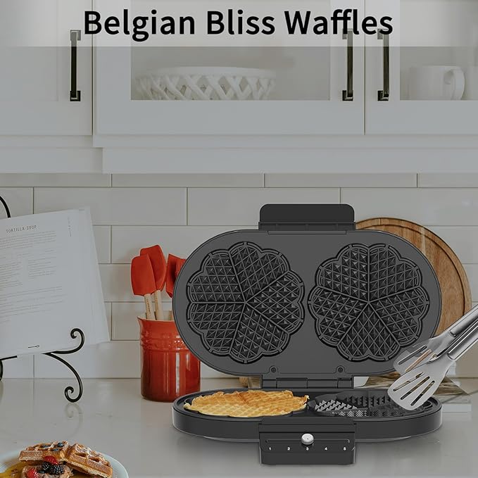 Electric Waffle Maker Heart-Shaped: 2 Non-Stick double-Side Heating Plates with 5-Setting Adjustable Browning Control for Fast Heating - No Flip Design & Compact Storage for Busy Families
