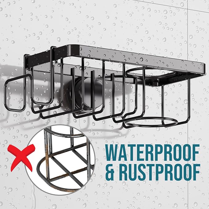 TAILI Sponge Holder with Strong Suction Cup, 4-in-1 Rustproof Sink Organizer - Sink Caddy Holds Sponges, Brushes, Stoppers & Scrapers - Black