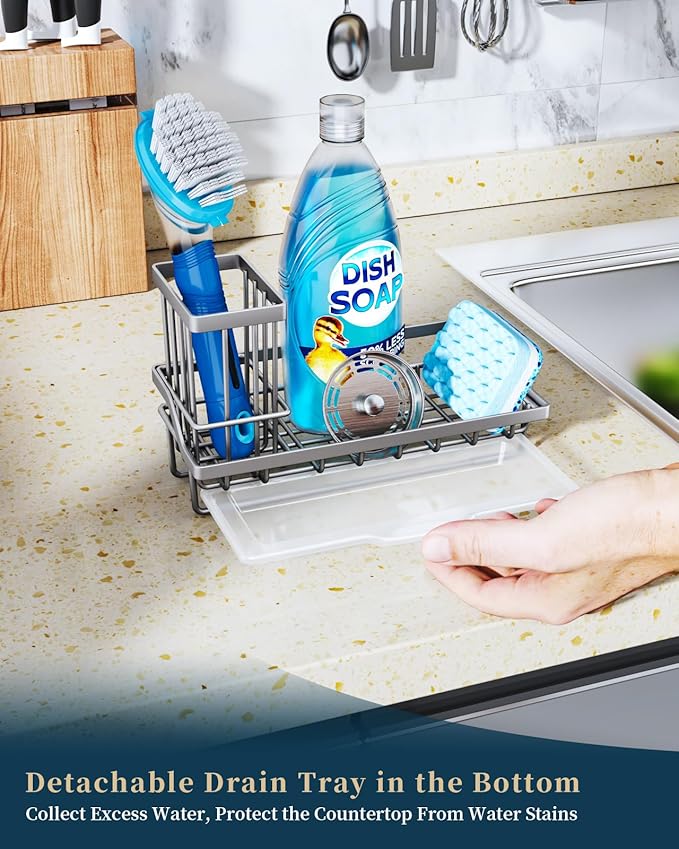 Consumest Sponge Holder for Kitchen Sink, Sink Caddy Organizer with Removable Drip Tray, Countertop Dish Soap Holder and Brush Holder, 304 Stainless Steel - Sand Nickel