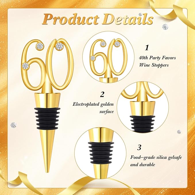 30Pcs 60th Birthday Wine Stopper Party Favors Gold Wedding Favor Wine Bottle Anniversary Wine Stopper Souvenirs for Guests Wine Bottles Stopper Decorative for Wedding Anniversary Parties(60th)