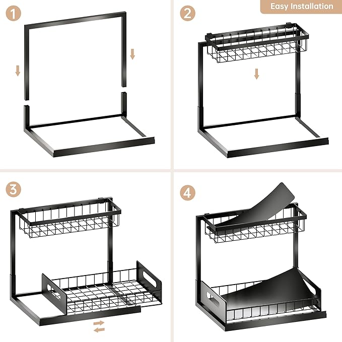 VUSIGN Under Sink Organizers Storage, 2 Tier Under Cabinet Organizer Shelf, Pull Out Kitchen Bathroom Sink Organizer Storage Organization, 2 Pack Black