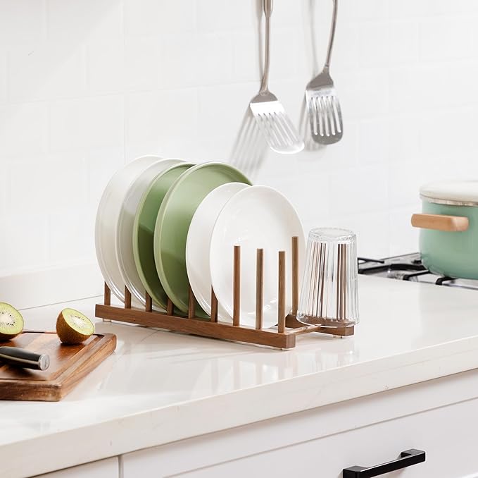 HBlife 2pcs Acacia Wooden Dish Dying Rack Pot Lid Plate Organizer Holder for Cabinet, Cutting Board Stand Drainer Storage Plate Rack for Dish, Pot Lid, Bowl, Cup, Cutting Board and Books