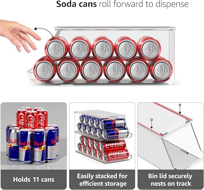 Sorbus Skinny Soda Can Organizer for Refrigerator - Stackable Slim Can Holder Dispenser with Lid for Fridge, Pantry, Freezer - BPA-Free, Clear Design, Drink Organizer for Fridge (2-Pack)