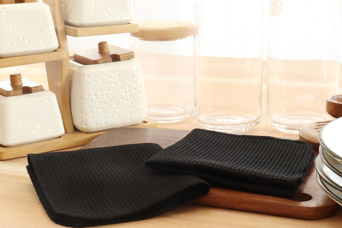 PurpleEssences Dish Cloths and Dish Rags - 6 Pack Waffle Weave Solid Kitchen Dish Wash Cloths, 100% Cotton, 12 x 12 Inches, Ultra Soft Absorbent Quick Drying - Spring Summer - Black