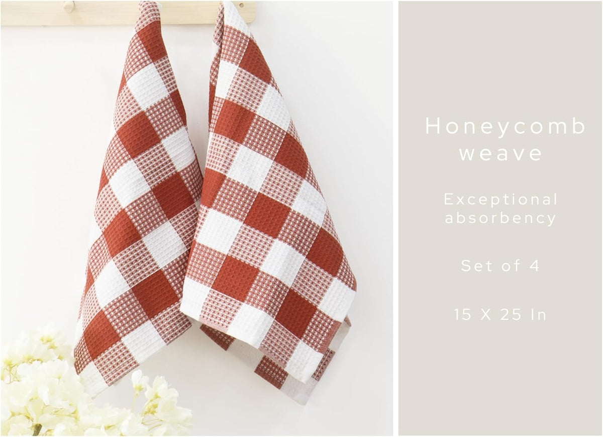 PurpleEssences Rust 100% Cotton Waffle Weave Check Plaid Kitchen Towels, Super Soft and Absorbent Dish Towels for Drying Dishes 15 x 25-4 Pack - Spring Summer - Rust and White