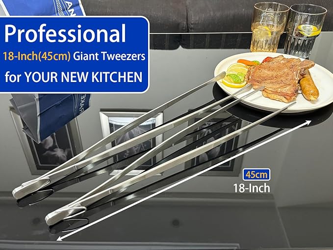 JETKONG 2 Pcs 18 Inch (45cm) Stainless Steel Grill Tongs Heavy Duty Giant Tweezer Tongs, Extra Large Tweezers Tools for Cooking, Grilling, BBQ and Turning Food (Silver)