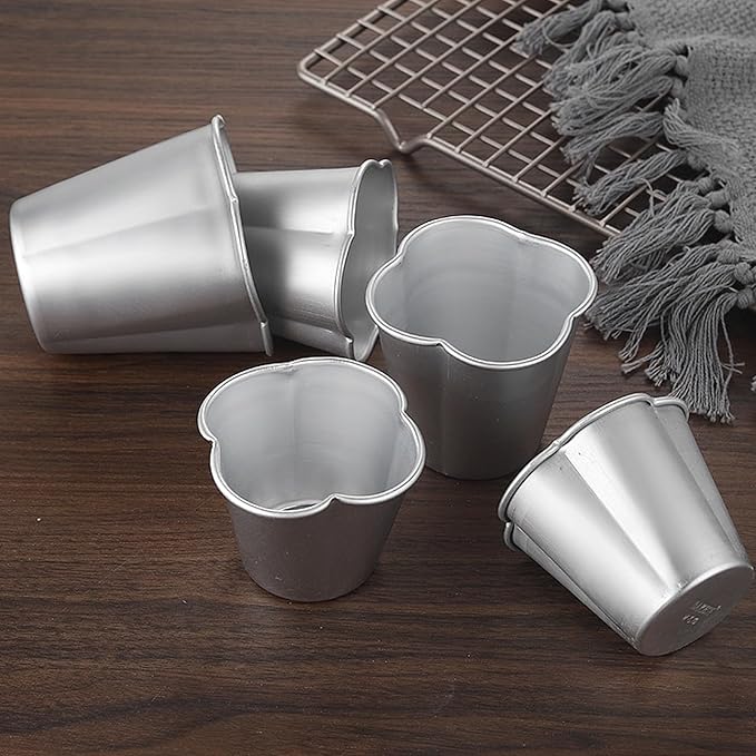 6 Packs Popover Pan, Aluminium Pudding Tin Cup Baking Maker, Individual Muffin Chocolate Molten Brownie Tumbler Raspberry Souffle Cupcake Moulds - Five-Petaled Flower Pudding 3"x 2.4"