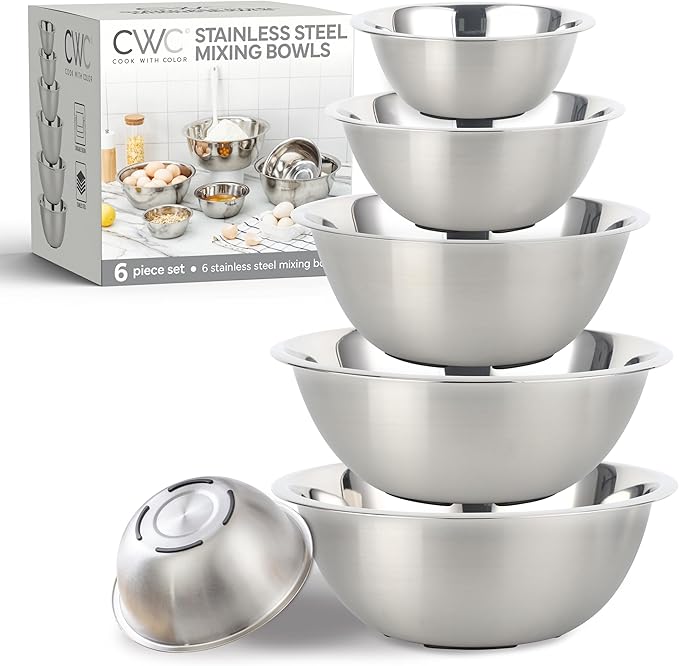 COOK WITH COLOR Stainless Steel Mixing Bowls Set - Nesting Bowls, 6 Pieces, Silver with Non Slip Bottom