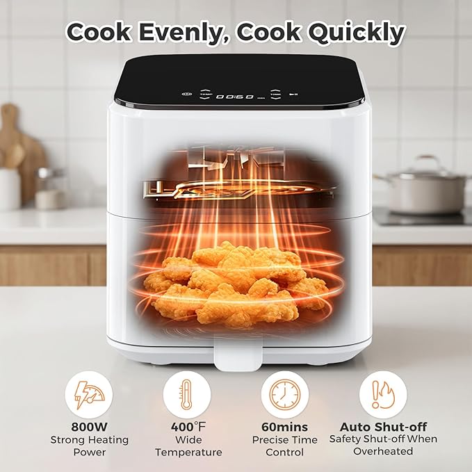 OLIXIS 3QT Air Fryer, Small Air Fryer with Digital PP Touch Panel, 400℉ Max Temp, Overheat Protection and Auto Shut-off, Nonstick and Dishwasher Safe Basket for Roast, Bake, Broil, Reheat, White