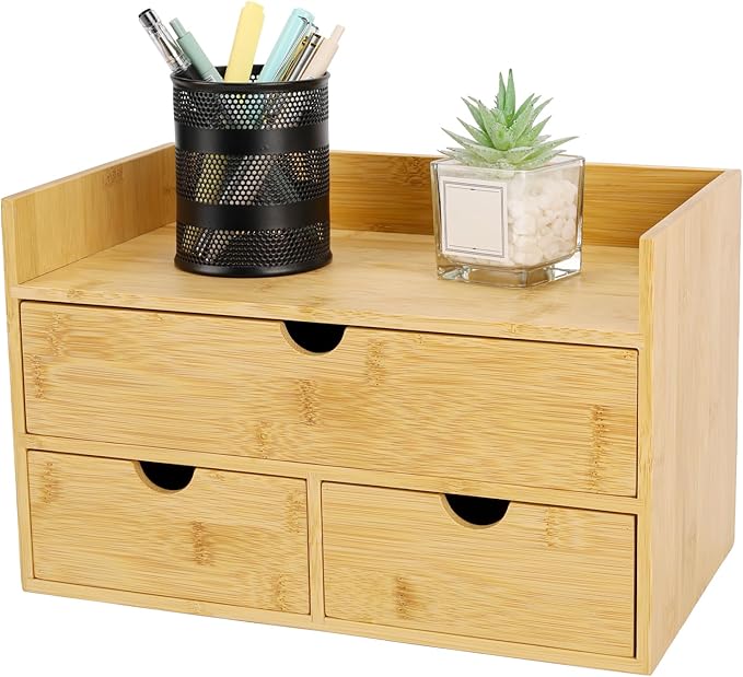 Charmewooden Bamboo Desk Organizer With Drawers Countertop Drawers Counter Storage Box Corner Desk Organizer for Home Office No Assembly Required (3 Drawers with shelf)