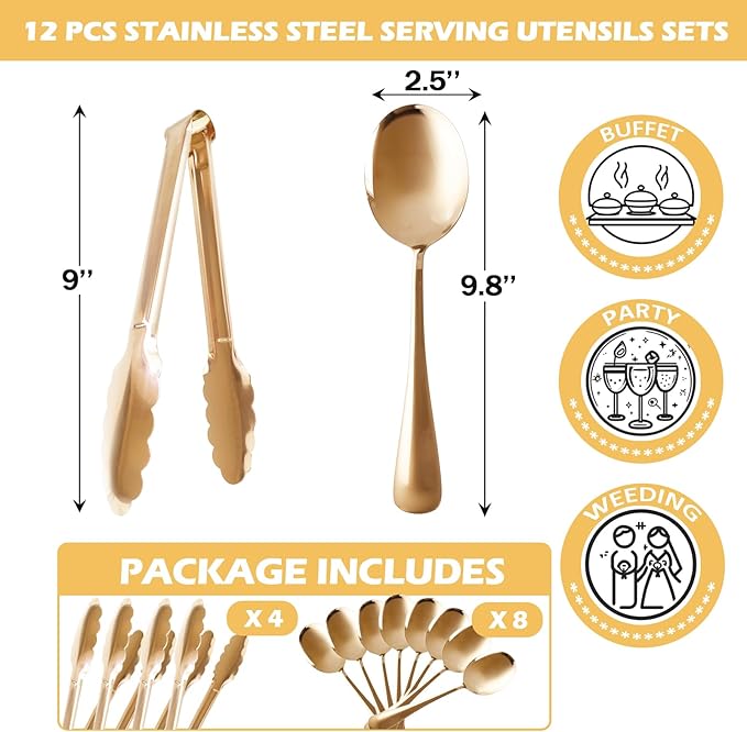 12PCS Stainless Steel Serving Utensils Sets with 8 Large Serving Spoons,4 Serving Tongs,Gold Serving Utensills Sets for Buffet Catering Banquet Party (Gold)
