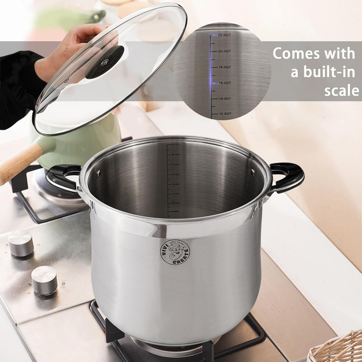 Vivicreate Stainless Steel Stock Pot with Lid for Induction Cooking Boiling Pasta Stew Soup Large Capacity Cookware Pots with Handles for Kitchen Spaghetti Olla Olla de Acero Inoxidable (27.5 QT)