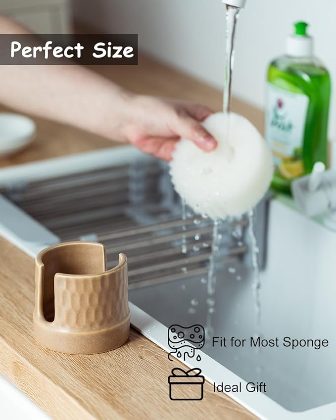 Sponge Holder for Kitchen Sink, Ceramic Sink Caddy Scrub Sponge Tray Dish Rack for Scrubbers, Kitchen Organizer, Brown