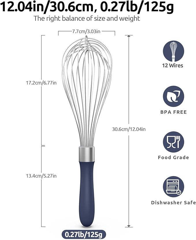 U-Taste Balloon Whisk for Cooking: 18/10 Stainless Steel Kitchen Wire Whisk, 12in Large Heavy Duty Egg Beater, Manual Mixing Tool with 12 Flex Wires for Stirring, Blending Sauce (Midnight Blue)