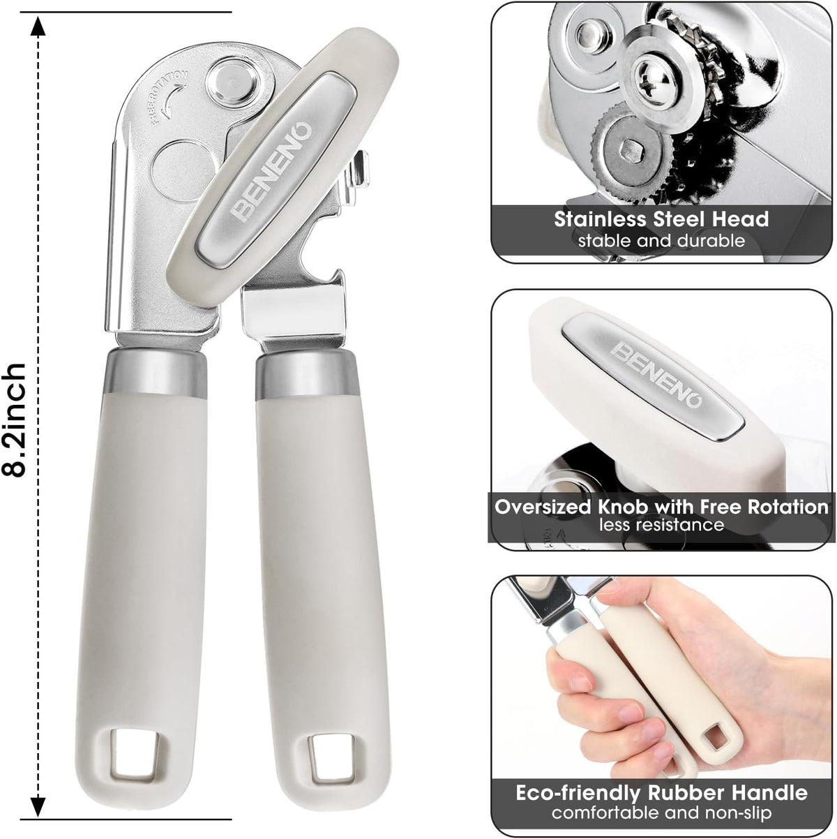 Beneno Can Opener Manual with Magnet, Hand Held Heavy Duty Can Opener with Durable Sharp Blade Smooth Edge, Big Effort-Saving Knob, Soft Grip Rubber Handle, Multifunctional Bottle Opener, Beige