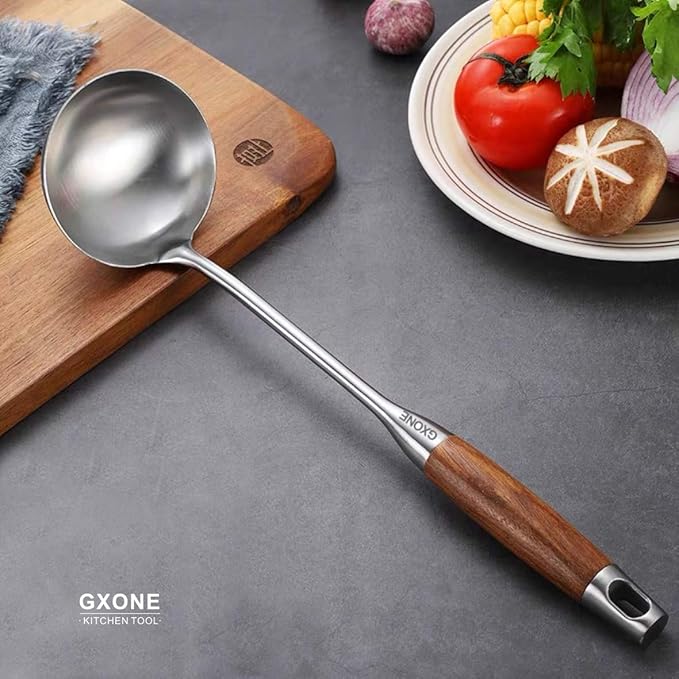 Soup Ladle,304 Stainless Steel Cooking Ladle Spoon Wok Tools with Long Wooden Handle Heat Resistant,Silver/14.6Inch