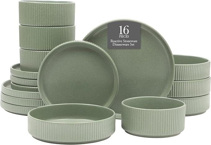 Gibson Elite Deerfield 16-Piece Stoneware Dinnerware Set – Matte Green Stackable Plates and Bowls, Reactive Glaze Finish, Service for 4 – Microwave & Dishwasher Safe
