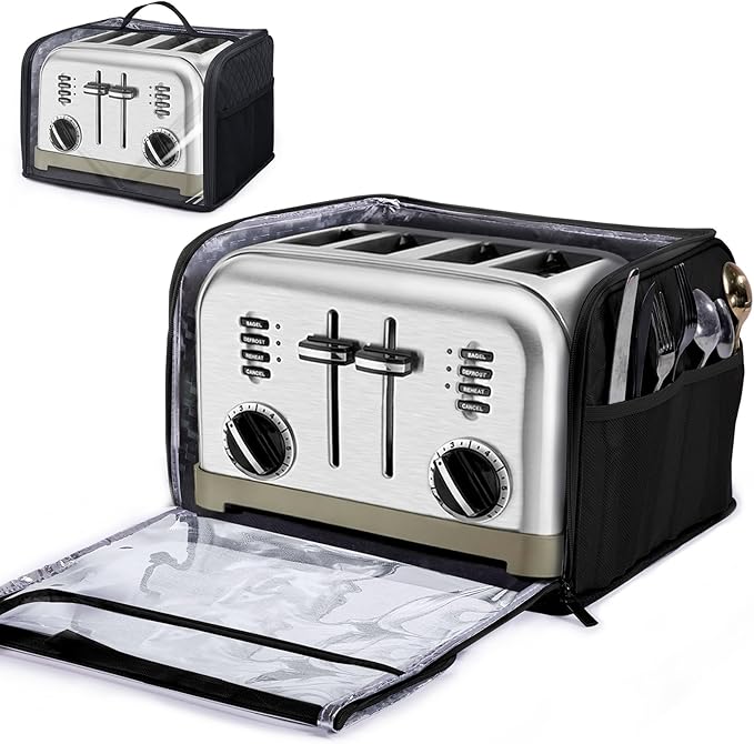 BAGSPRTIE Toaster Cover for 4 Slice Wide Slot, Full Open Dust Covers for Kitchen Appliances Compatible with Cuisinart, BELLA, Black and Decker 4 Slices, Toaster Bags with Zipper Closure (Cover Only)