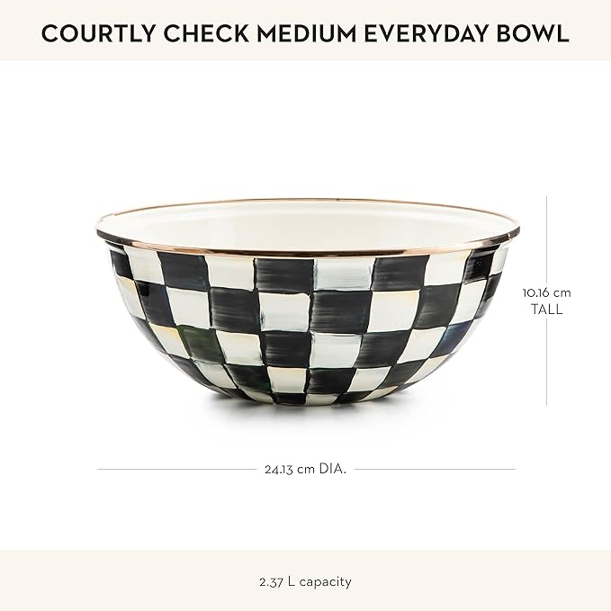 MACKENZIE-CHILDS Enamel Everyday Bowl, Serving Bowl for Entertaining, Medium, Black-and-White Courtly Check, Set of 1