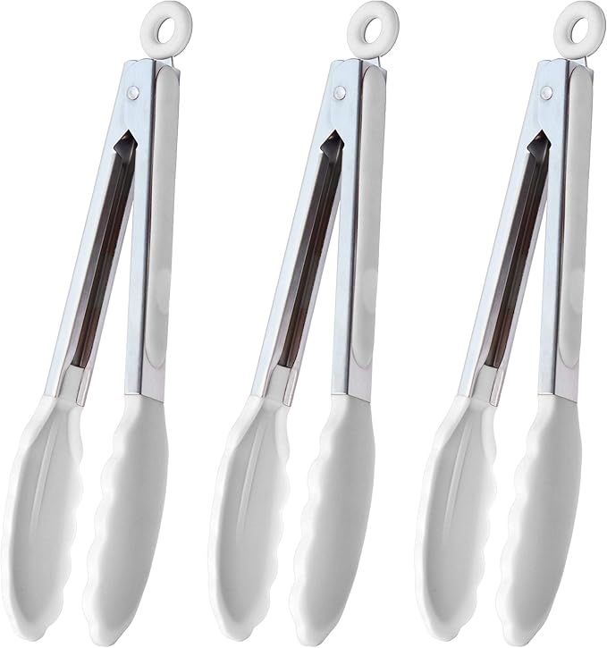 Silicone Kitchen Tongs 9-Inch Stainless Steel Basics Tongs with Non-Stick Silicone Tips, Set of 3 (White)