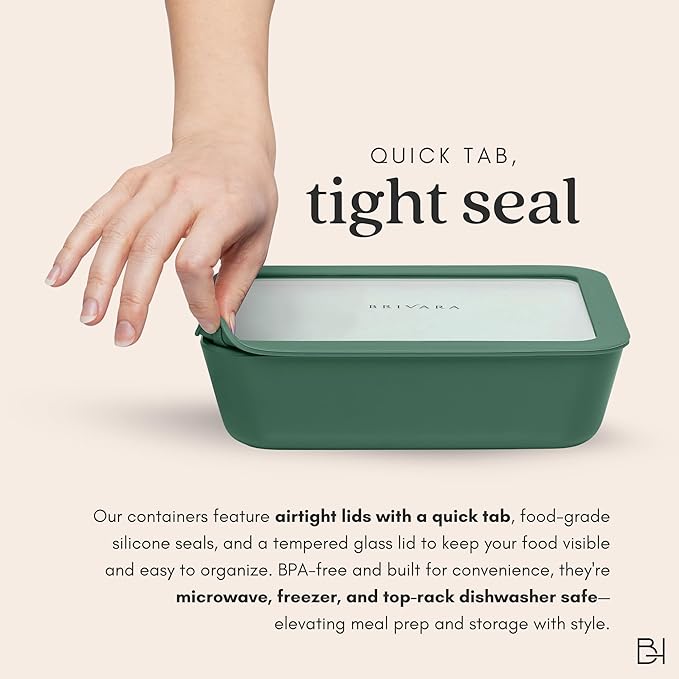Ceramic Coated Glass Food Storage Container | No PTFE, PFOA, PFAS, and BPA | Reusable Non Toxic Meal Prep Container with Glass Lid | Easy To Store | 6 Cup Rectangle [Pine]