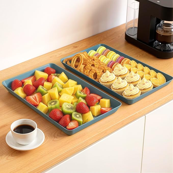 WOWBOX 4 pcs Serving Tray for Entertaining, Serving Platters for Snacks, Fruit, Cookies, Dessert, Reusable Plastic Trays for Serving Food and Pantry Organization in Kitchen & for Parties, (Green)