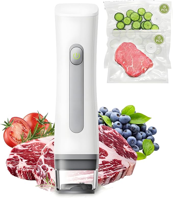 Handheld Vacuum Sealer with Visible Water Tank –Spill-Proof, One-Touch Operation, Wireless & Portable for Kitchen, Camping, or Travel | 30 Reusable Bags, 6X Freshness, 60kPa Suction (Creamy White)