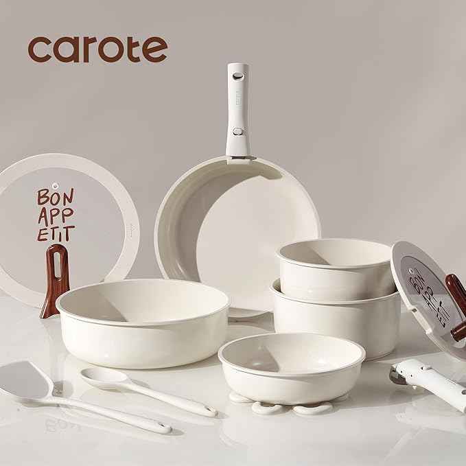 CAROTE 18Pcs Ceramic Cookware Set with Detachable Handle, Pots and Pans Set Non Stick, Non Toxic Kitchen Cooking Sets with Stand-Up Lid, PFAS and PFOA Free, Oven Safe, Induction Ready, Cream White