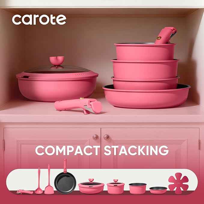 CAROTE 15pcs Pots and Pans Set Non Stick, Cookware Set Non Toxic with Detachable Handle, Induction Kitchen Cooking Set, Dishwasher/Oven Safe, RV/Camping Cookware