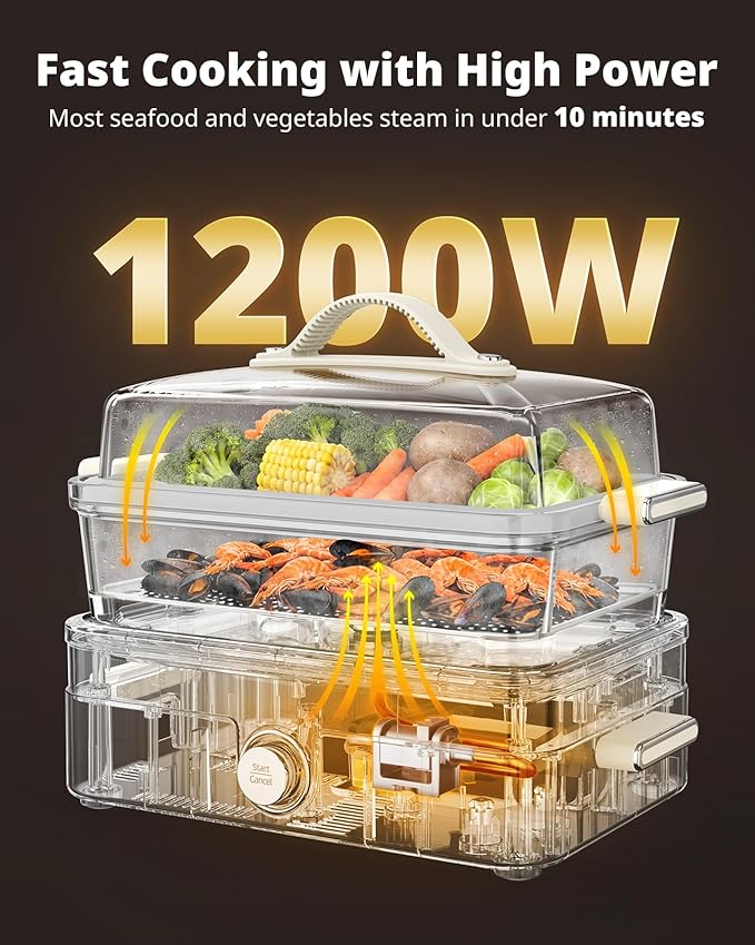 AIRMSEN Glass Food Steamer for Cooking - 8.5QT Vegetable Steamer with 2-Tier Stainless Steel Trays, 1200W Super Fast Heating for Veggies, Seafood & Rice, BPA-Free