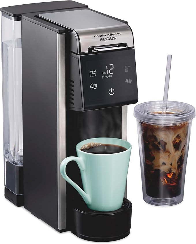 Hamilton Beach FlexBrew Advanced 4-in-1 Single Serve Hot & Iced Coffee Maker with Removable 45 oz. Water Reservoir, Use Pod Packs and Grounds, Fast Brewing, LED Touchscreen, Black (49925)