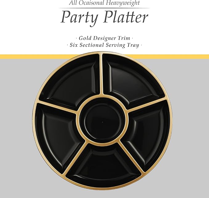 PLASTICPRO 6 Sectional Round Plastic Serving Tray/Platters Black & Gold Pack of 2