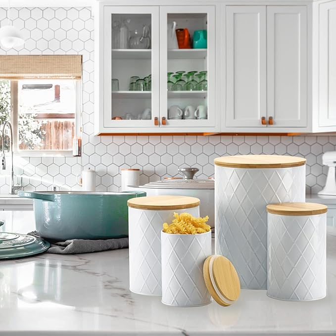 White Kitchen Canisters Set with Bamboo Lids, Airtight Sugar, Flour, Coffee, Cookie Storage Canister Sets for kitchen Countertop, Farmhouse kitchen decor, 4 Pack