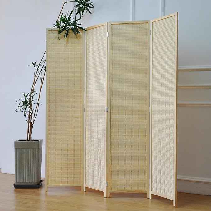 4 Panel Bamboo Room Divider and Folding Panel Screen,Bamboo Panel Divider for Room Separation,Beige,67" H x 61.4" W