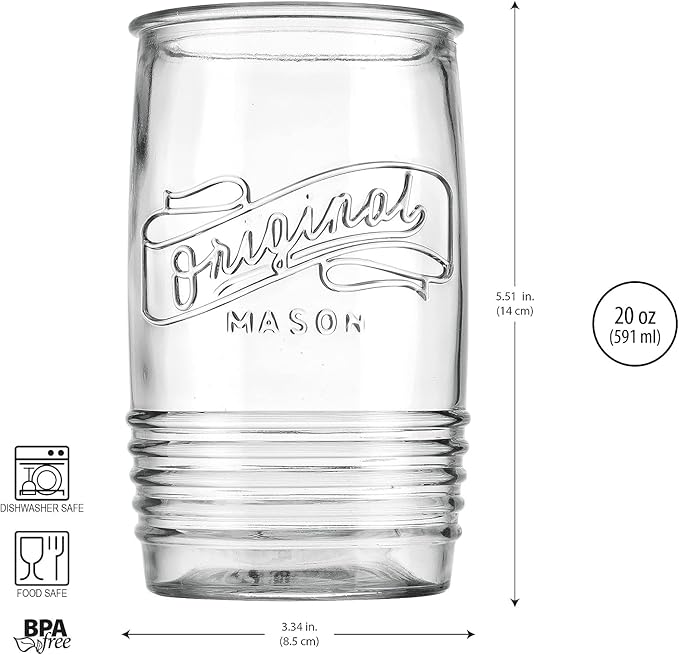 Glaver's Set of 8 Tumbler Glass Cups 20 OZ Mason Stemless Tall Drinking Glasses For Everyday Use, Modern yet Vintage Original Mason Logo Glassware for Bar, Water, Beer, Juice.