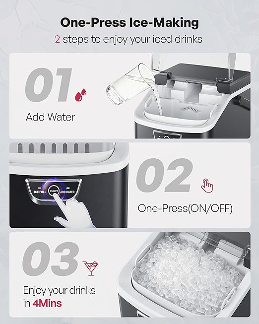 ICYGLEE Nugget Ice Maker Countertop with Handle, Ready in 4 Mins, Max 40lbs/24H, Chewable Ice, Self-Cleaning, Portable Sonic Ice Maker with Basket and Scoop, for Home/Party/RV/Camping (Black)