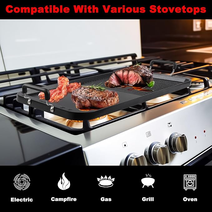 Vayepro 2-in-1 Stove Top Griddle & Grill Pan, 20 Inch Non-Stick Double Burner Griddle for Gas, Electric, and Camping Stoves, Perfect for Pancakes, BBQ, and Indoor/Outdoor Cooking