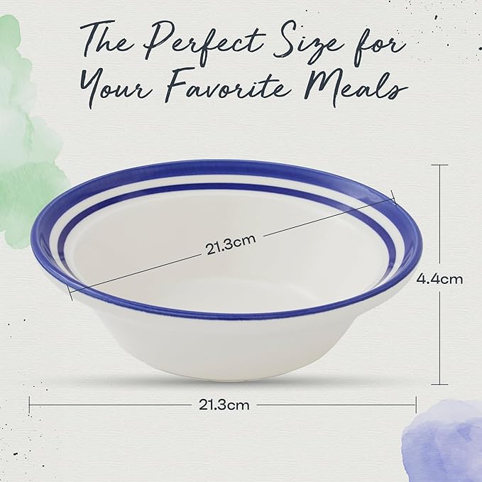 Portmeirion Potter's Stripe Oatmeal Bowl (Set of 4) - Ideal for Porridge, Soup, Desserts - Microwave & Dishwasher Safe Earthenware Bowls, Durable Dishware Collection - Made in UK (Blue Stripe)