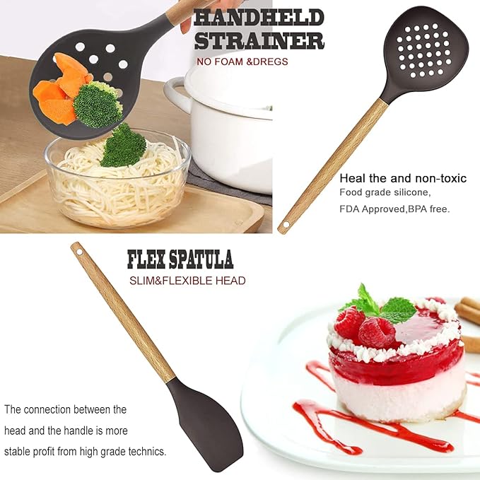 Cooking Utensils Set- 35 PCs Kitchen Utensils with Grater,Tongs, Spoon Spatula &Turner Made of Heat Resistant Food Grade Silicone and Wooden Handles Kitchen Gadgets Tools Set for Cookware