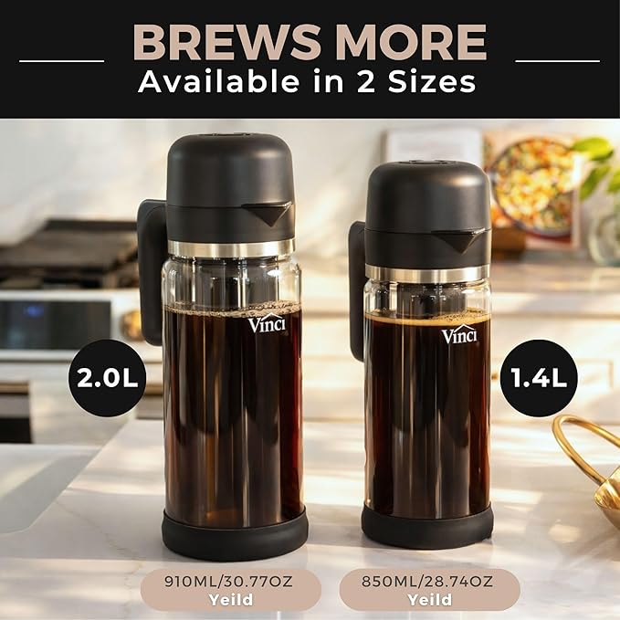 VINCI Express Cold Brew, Electric Cold Brew Coffee Maker in 10 minutes, 3 Brew Strength Settings & Cleaning Cycle, Easy to Use & Clean, Glass Carafe (2.0 Liters / 68 Fl.oz) Capacity