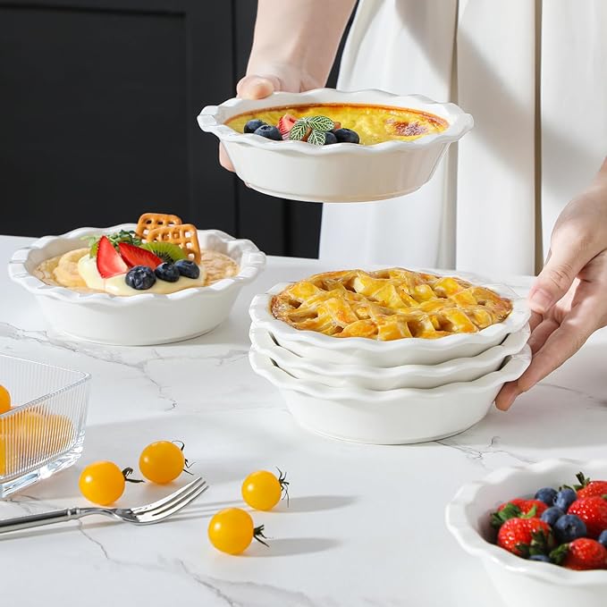 MALACASA Ceramic Mini Pie Pans Set of 6, 6 Inch Pie Plates for Baking with Ruffled Edge, Small Quiche Baking Dish Pans Tart Pans, Individual Pot Pie Plates, Microwave & Oven Safe, White