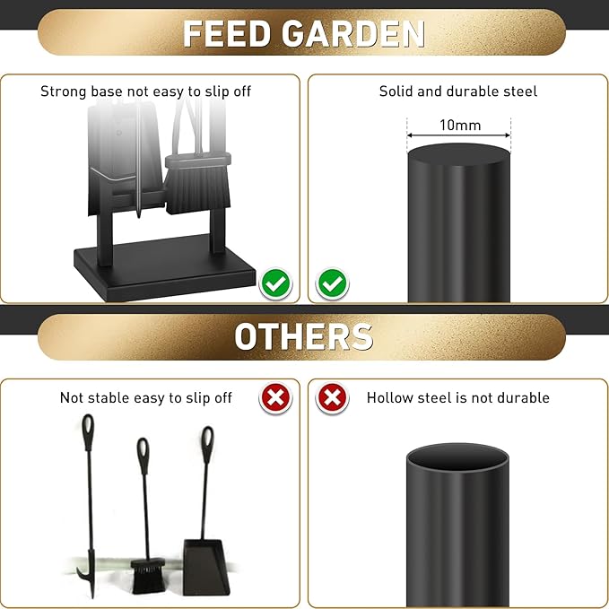 FEED GARDEN Fireplace Tools Set 5 Pieces, 30 Inch Modern Wrought Iron Outdoor Fireplace Accessories Set Long Holder Indoor with Poker, Tongs, Shovel, Brush, Base Black