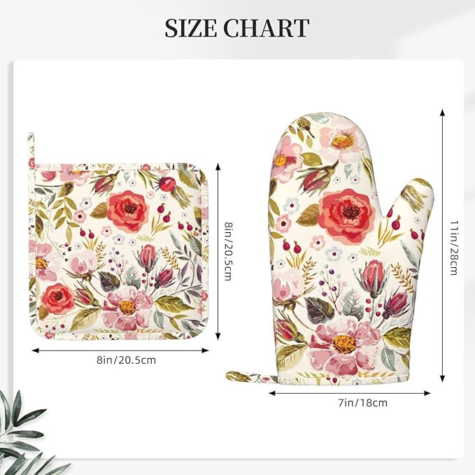 Wildflowers Floral Oven Mitts Pot Holders Set Silicone Heat Resistant Botanical Floral Oven Mitts and Hot Pads Potholders Non-Slip Oven Gloves for Cooking Baking Grilling BBQ