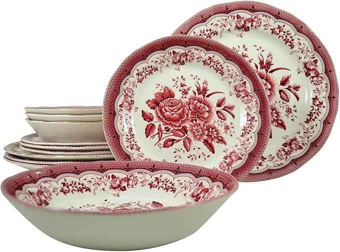 Tudor Royal 12-Piece Round Porcelain Dinnerware Set, Service for 4 - Victoria RED Design, Red Floral, Plates Bowls Dishes, Premium Quality Tableware, Unique Pattern, Glossy