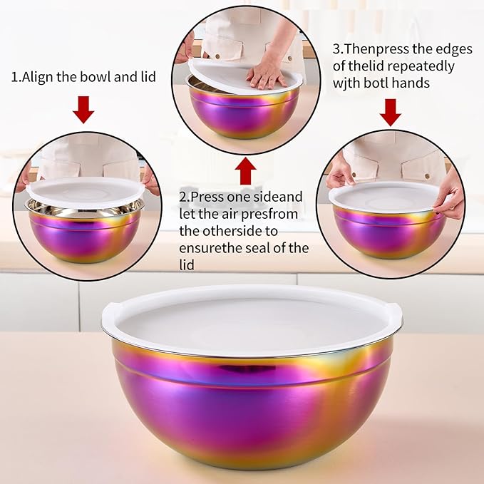 Rainbow Mixing Bowls with Lids Set of 7, Stainless Steel Nesting Bowl with Khaki Lid for Non-slip Mixing Prepping Storing Serving, 7 Sizes-7/3.6/2.7/2.1/1.5/1/0.8 QT