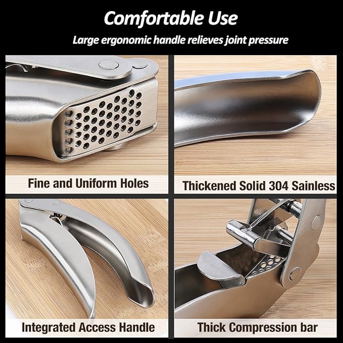 VOVOLY Premium Garlic Press Stainless Steel, No need to Peel Garlic Presser, Heavy Duty Professional Grade Double Lever-Assisted Garlic Mincer with High Capacity Chamber- Easier Clean Garlic Crusher